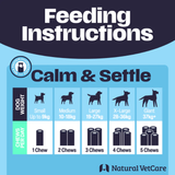Feeding instructions for dogs with different weights from Natural VetCare. Blue and Navy