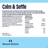 Product label for 'Calm & Settle' by Natural VetCare with text and nutritional information. Blue and white