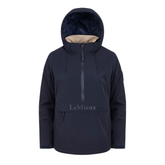 LeMieux AW26 Phoebe Half Zip Waterproof Anorak Varient Navy. A navy blue hooded jacket with a beige sherpa lining visible inside the hood, featuring a front zipper, drawstrings, and a front pocket with the brand name 'LeMieux' printed on it.