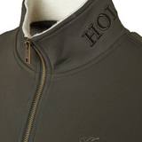Close-up of an olive green sweatshirt with a zipper and 'HC' branding on a white background