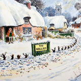 Humorous artwork design showing a snowy cottage and village scene