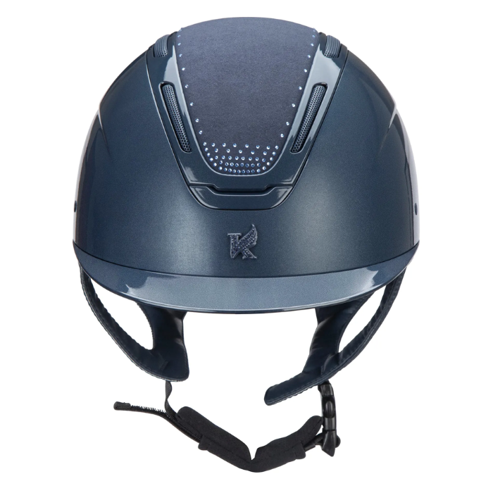 Navy blue riding hat with diamante detailing on a white background