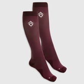 Pair of maroon knee-high socks with a logo on a light grey background