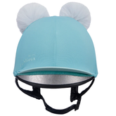 Blue riding hat cover with double pom pom on a white background