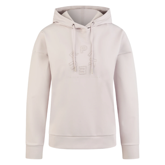 Light lilac hoodie with a brand logo on a white background