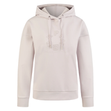 Light lilac hoodie with a brand logo on a white background