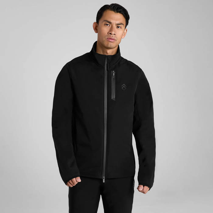 Man wearing a black jacket with zipper on a grey background