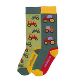 Colorful socks with tractor designs on a white background