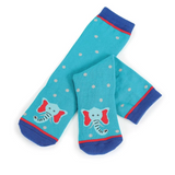 Pair of blue socks with elephant design on a white background