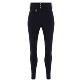 Black riding tights with button details on a white background