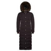 Long dark brown puffer coat with fur hood on a white background