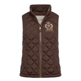 Brown quilted gilet with a logo on a white background