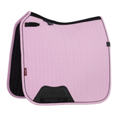Pink saddle pad with black accents on a white background