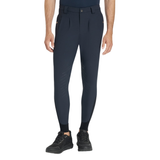 Man wearing navy equestrian breeches on a white background