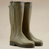 Pair of green wellington boots with branding on the front against a neutral background
