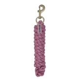 Pink braided horse rope with a metal clip on a white background