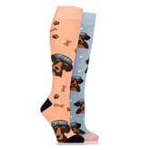 Two pairs of socks with dog illustrations on a white background