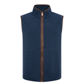 Blue fleece gilet with brown zipper on a white background
