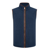 Blue fleece gilet with brown zipper on a white background