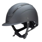 Black riding helmet with black straps on a white background