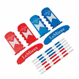 Set of LeMieux horse equipment including red and blue plastic pieces and white sticks on a white background.
