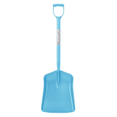 Blue snow shovel with a long handle on a white background