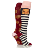Two pairs of knee-high socks with animal patterns on a white background