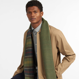 Man wearing a beige coat and green plaid scarf on a white background