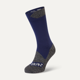 Navy and grey sock with 'Skinz' branding on a light grey background
