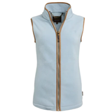 Pale blue fleece gilet with brown leather zip trim on a white background