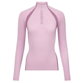 Pink long-sleeve top with a brand logo on a white background