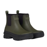 Pair of green rubber boots with black soles on a white background