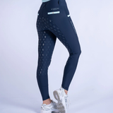 Navy blue leggings with pale blue accents on a white background