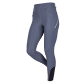 Blue riding leggings with a subtle pattern on a white background