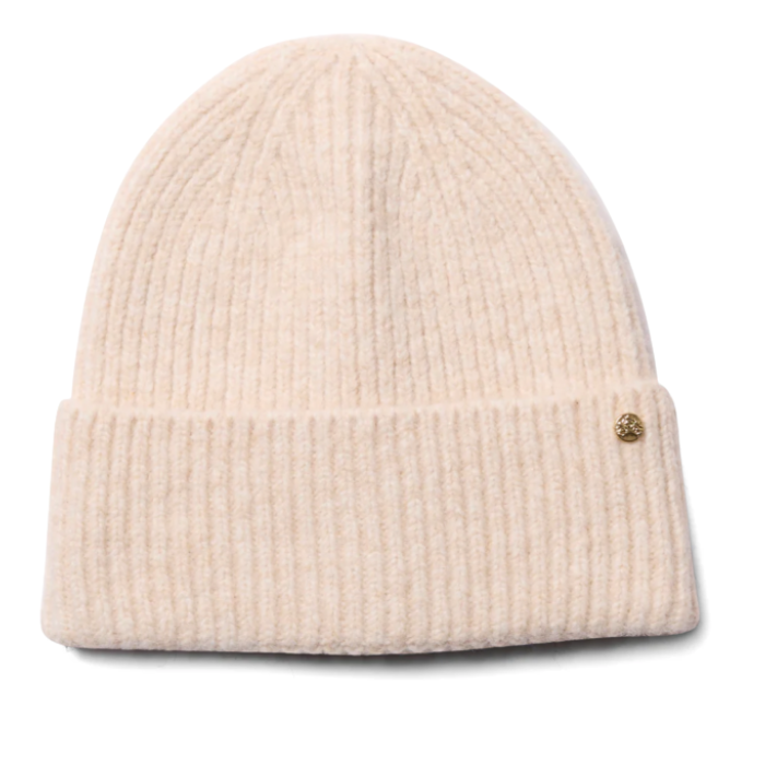 Beige knit beanie with a brand logo on a white background