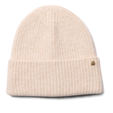 Beige knit beanie with a brand logo on a white background