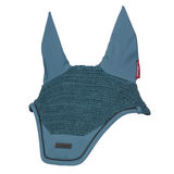 Teal horse ear bonnet with mesh design on a white background