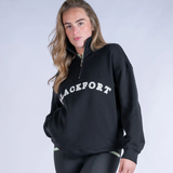 Person wearing a black sweater with 'BLACKFORT' text on a plain background