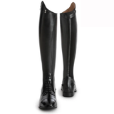 Pair of black leather riding boots on a white background