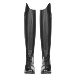 Pair of long riding boots in black on a white background