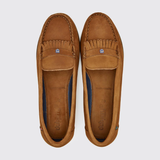 Pair of brown loafers with fringes on a white background