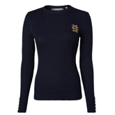 Navy blue knitted sweater with a gold emblem on a white background