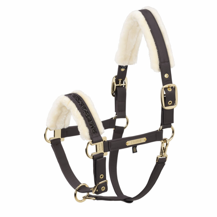 Horse headcollar with white fleece lining on a white background