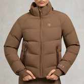 Brown puffer jacket with a brand logo on a neutral background
