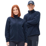 man and woman wearing navy blue fleeces on a white background