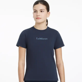 Person wearing a navy blue t-shirt with 'LeMieux' logo on a white background