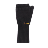 Black fingerless gloves with a gold button on a white background