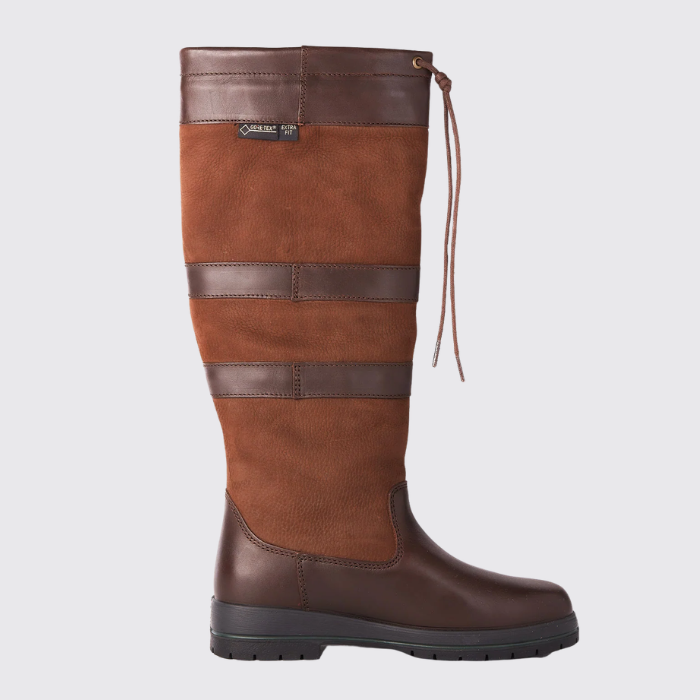 Brown leather country boot with lace tie on a grey background