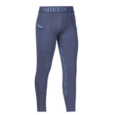 Blue riding leggings with a brand logo on a white background