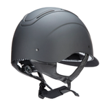 Black riding helmet with black straps on a white background